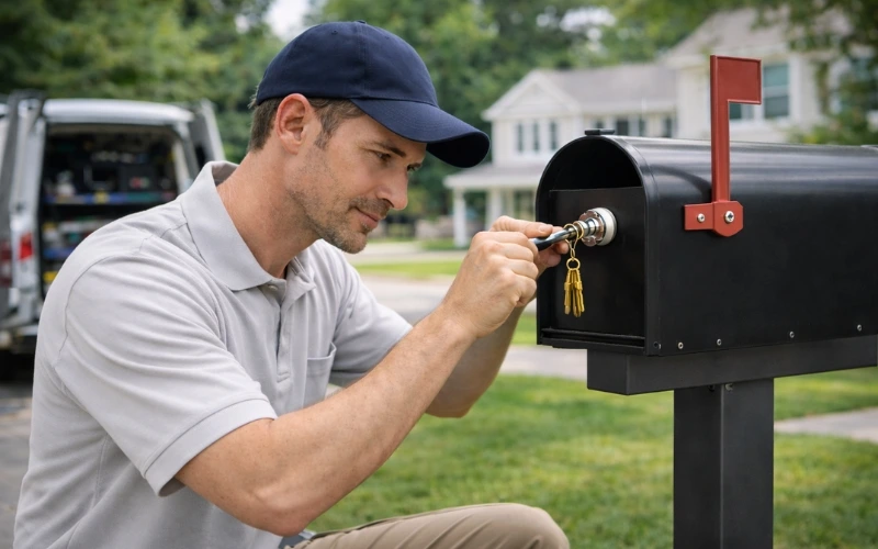 Locksmith replacing mailbox lock and key for residential mailbox