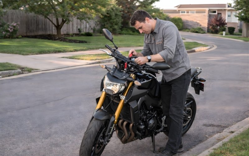 Professional motorcycle locksmith repairing bike ignition on the road during emergency service call